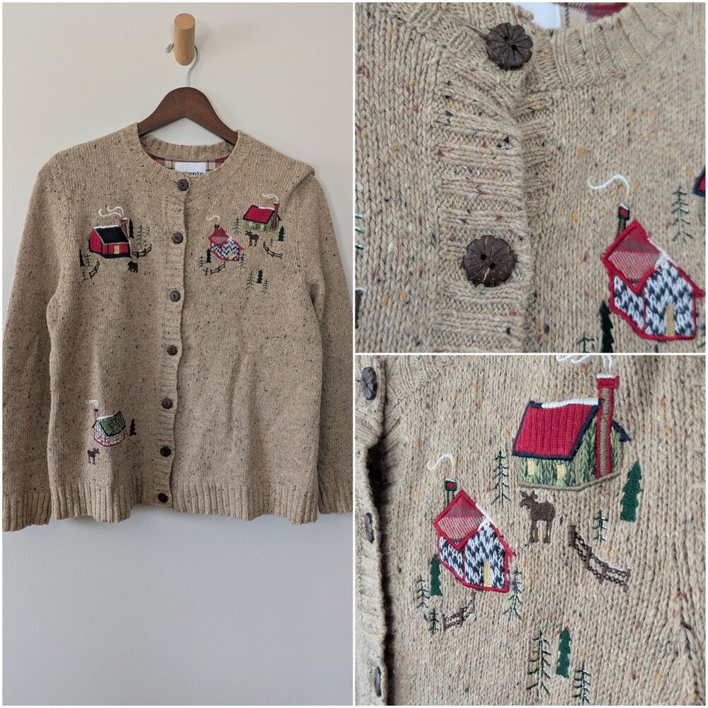 Breckinridge Womens Embroidered Cardigan Sweater PM Cottage Cabin Wool Blend